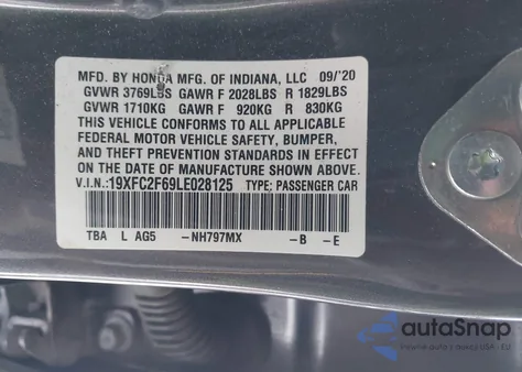 2020 Honda Civic Lx из США, поврежденный, VIN 19XFC2F69LE028125